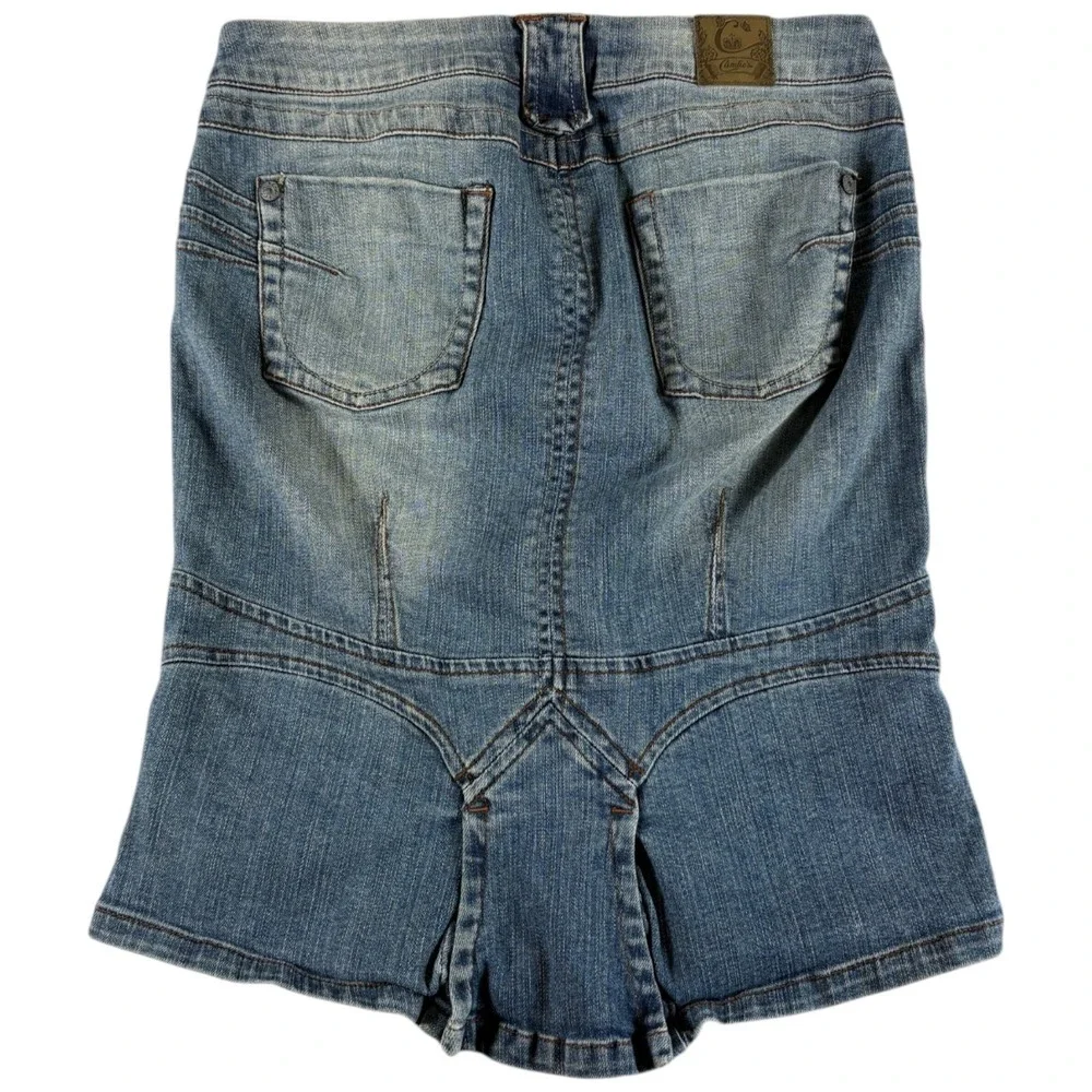VTG Candie's‎ Mermaid Mini Skirt Womens 3 Blue Denim Cotton Stretch Ruffled Hem